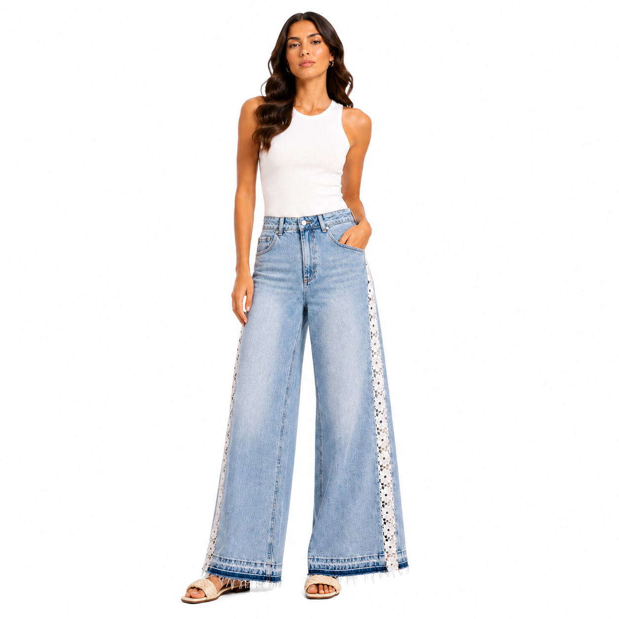 Light Blue Floral Wide Leg Jeans