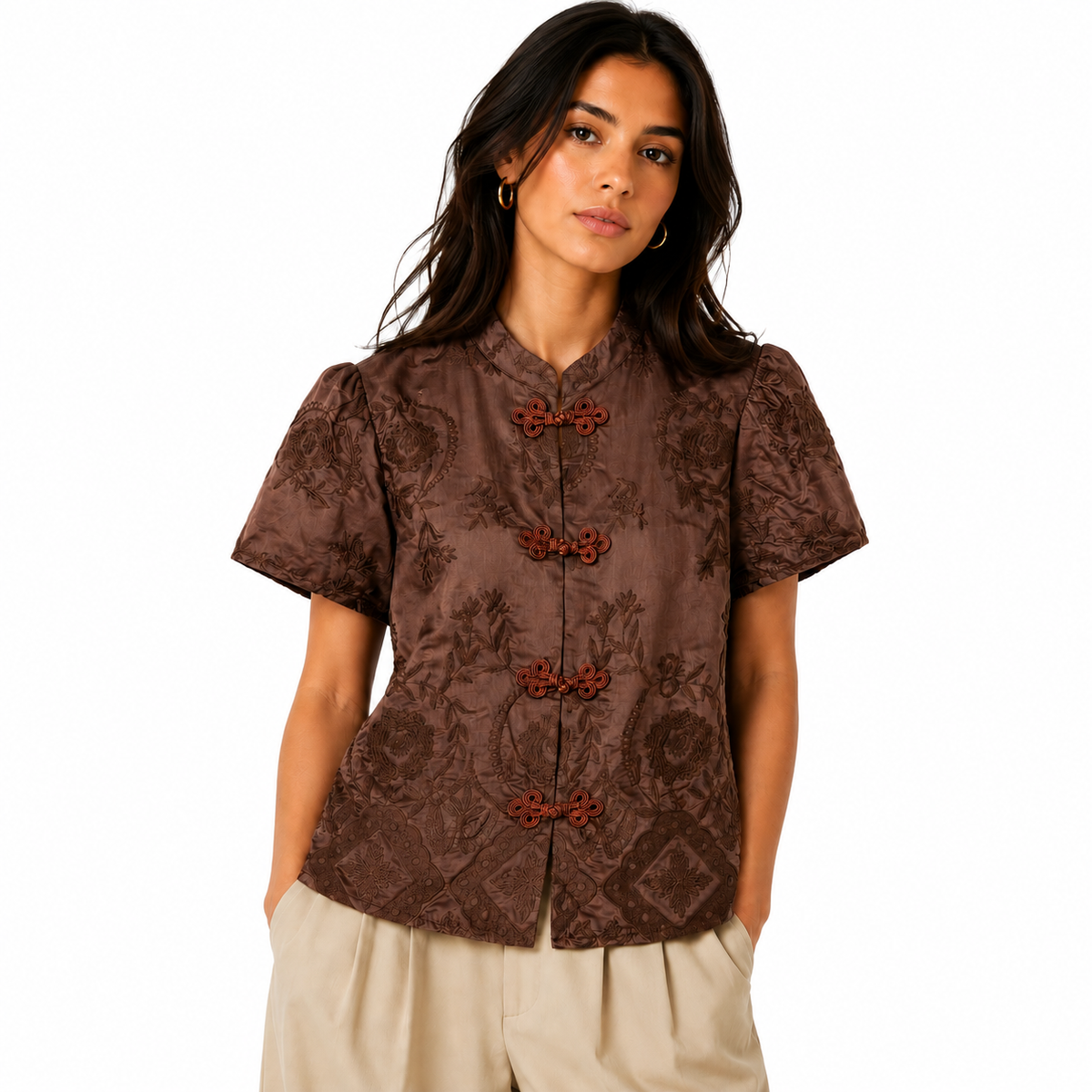 Chocolate Embroidered Short Sleeve Top