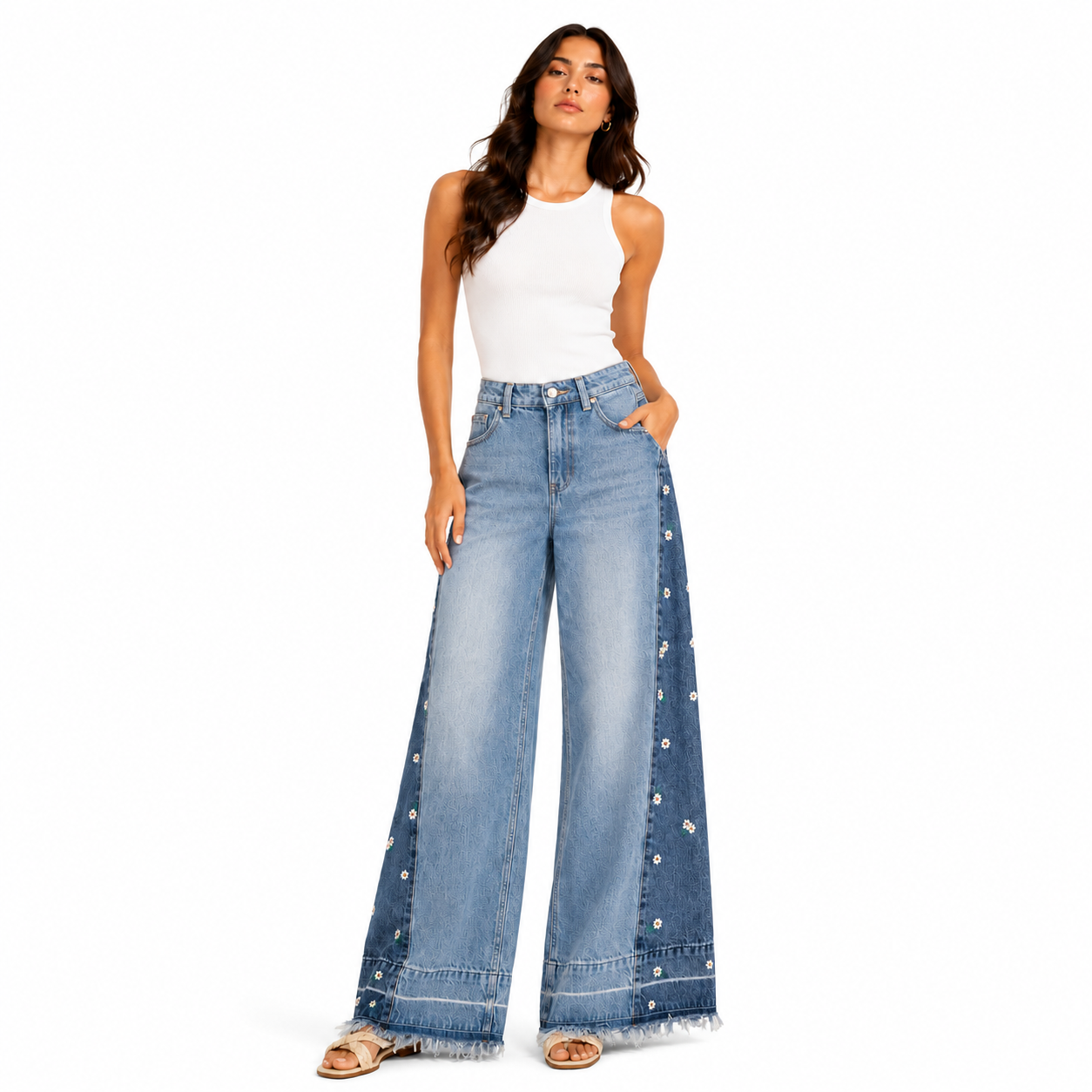 Blue Daisy Panel Wide Leg Jeans