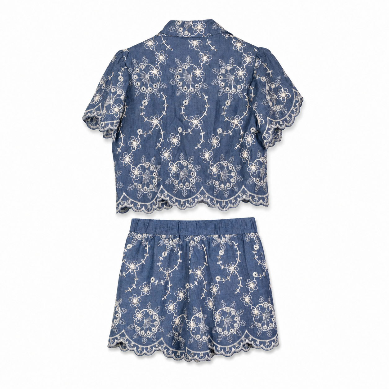 Blue Embroidered Lace Shirt on a clean white studio background.