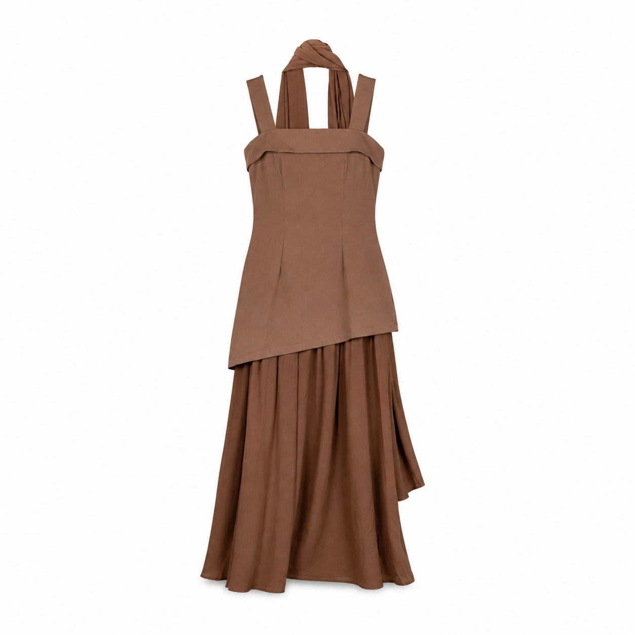 Chocolate Brown Layered Midi Dress on a clean white studio background