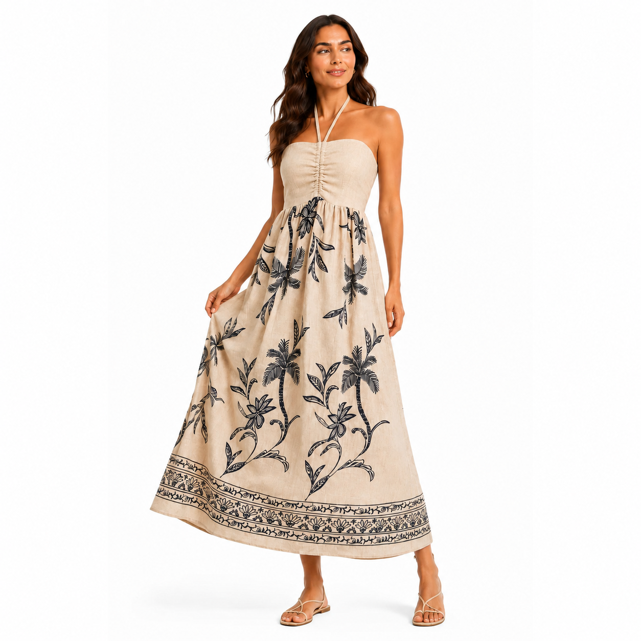 Beige Palm Print Maxi Dress