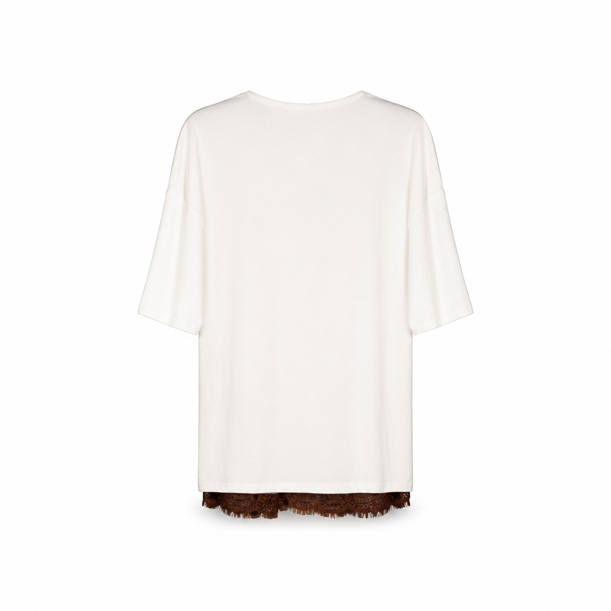 White Brown Lace Hem T-Shirt on a clean white studio background.