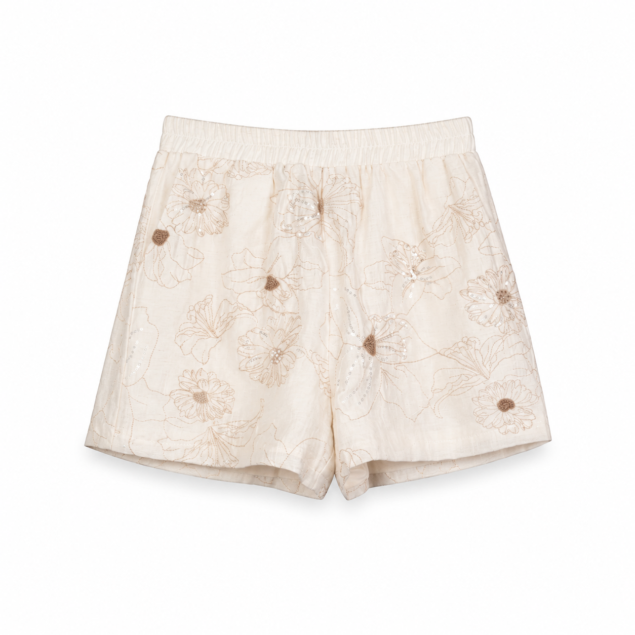 Ivory Floral Embroidered Shorts on a clean white studio background.