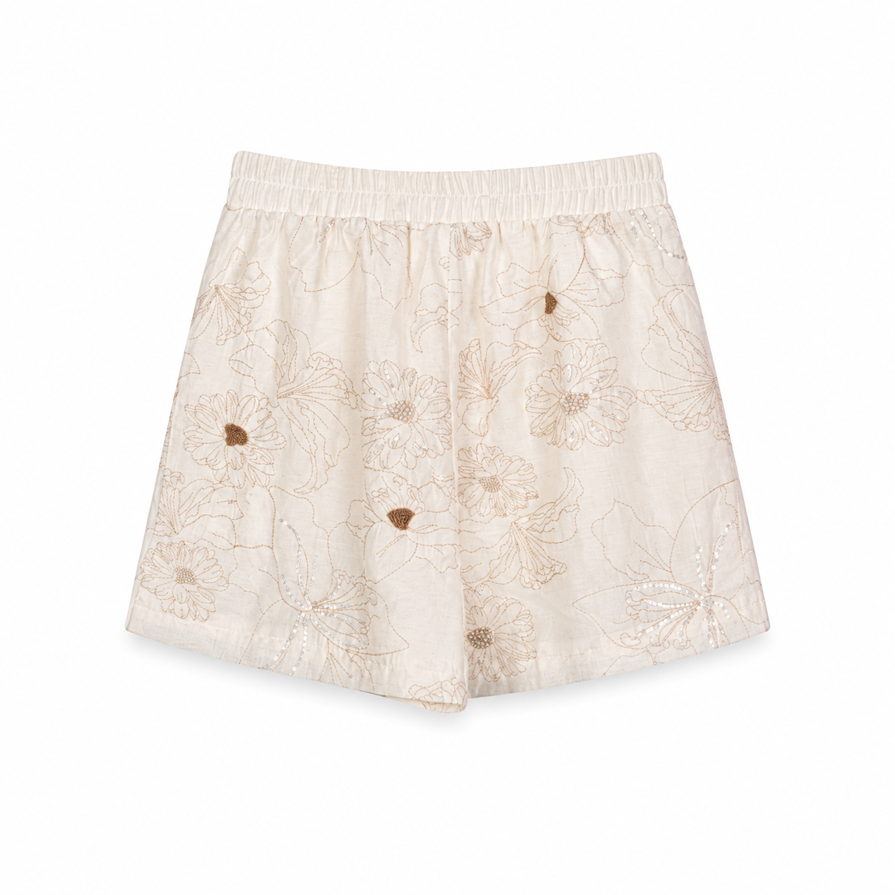 Ivory Floral Embroidered Shorts on a clean white studio background.