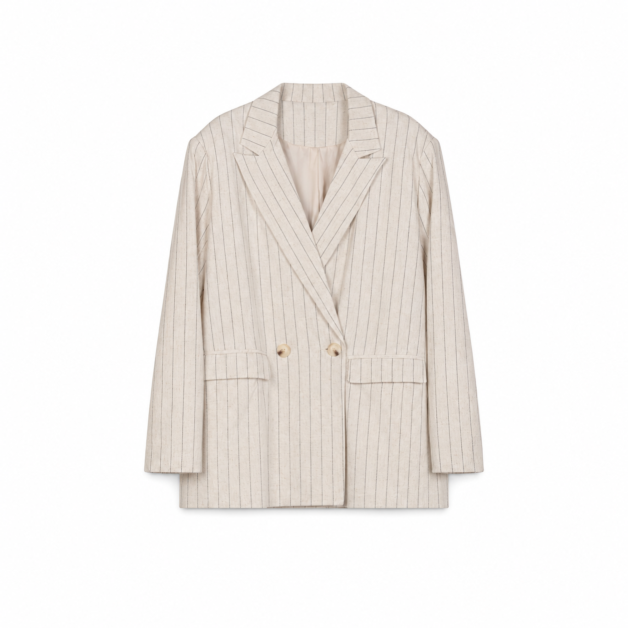 Beige Pinstripe Double Breasted Blazer on a clean white studio background.