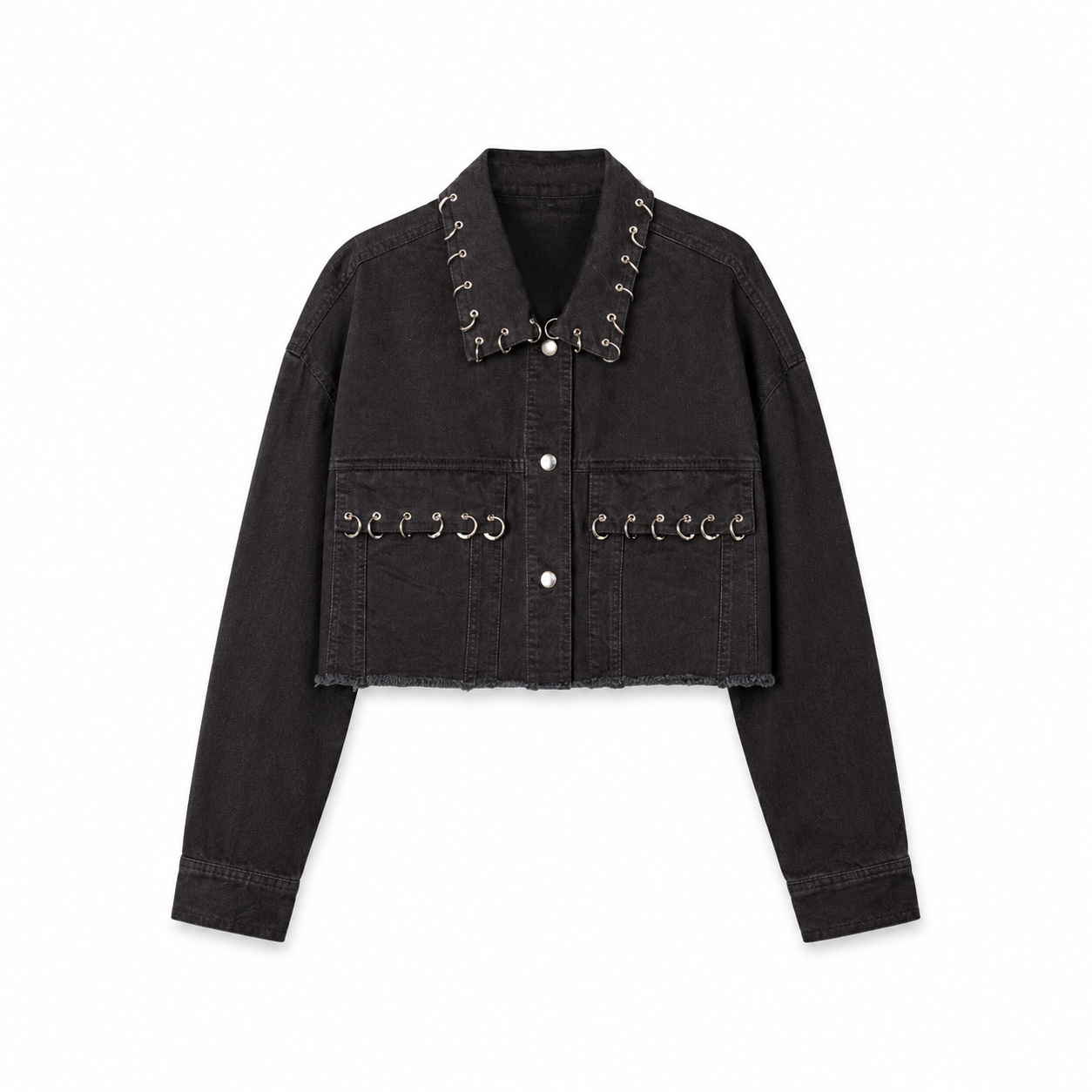 Black Cropped Denim Jacket with Hardware on a clean white studio background.