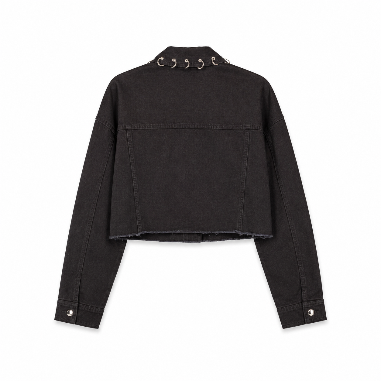 Black Cropped Denim Jacket with Hardware on a clean white studio background.