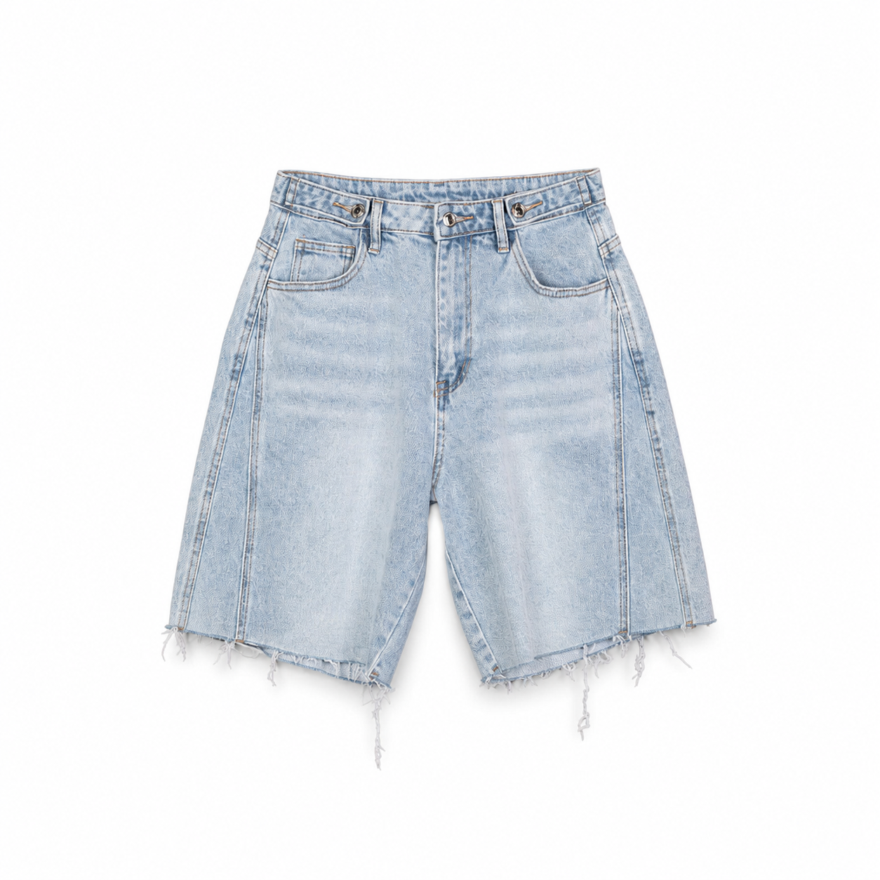 Light Blue Raw Hem Denim Shorts on a clean white studio background.