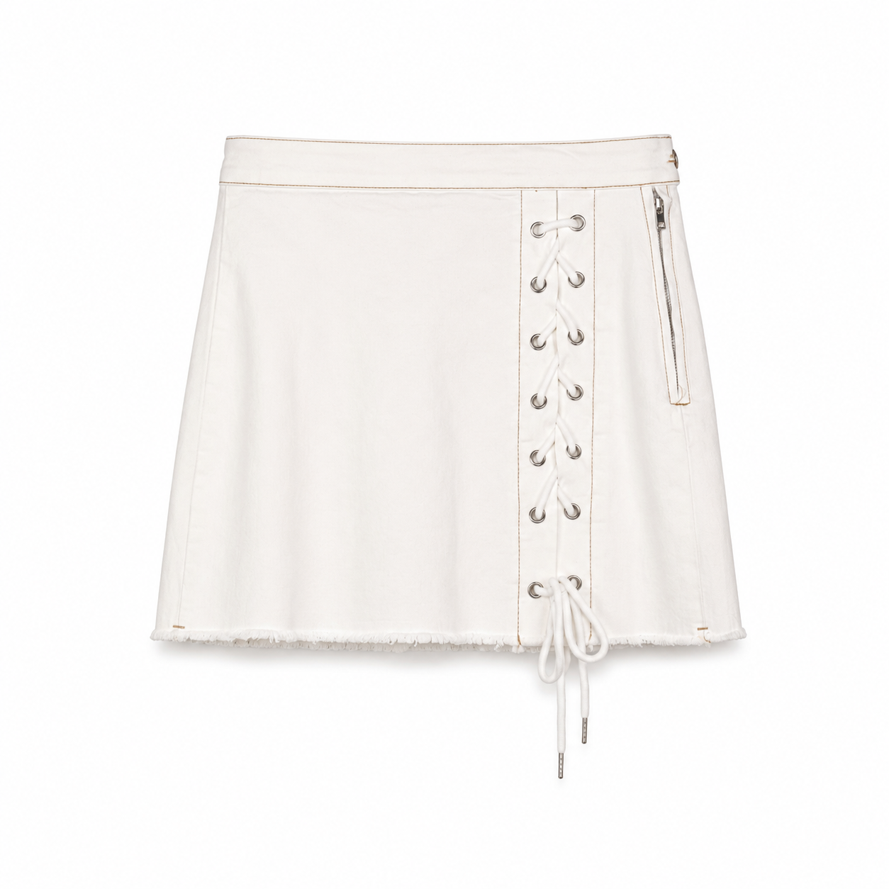 White Lace-Up Denim Mini Skirt on a clean white studio background.