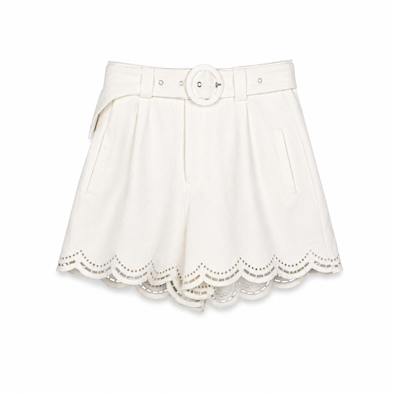 White Scalloped Belted Shorts on a clean white studio background.