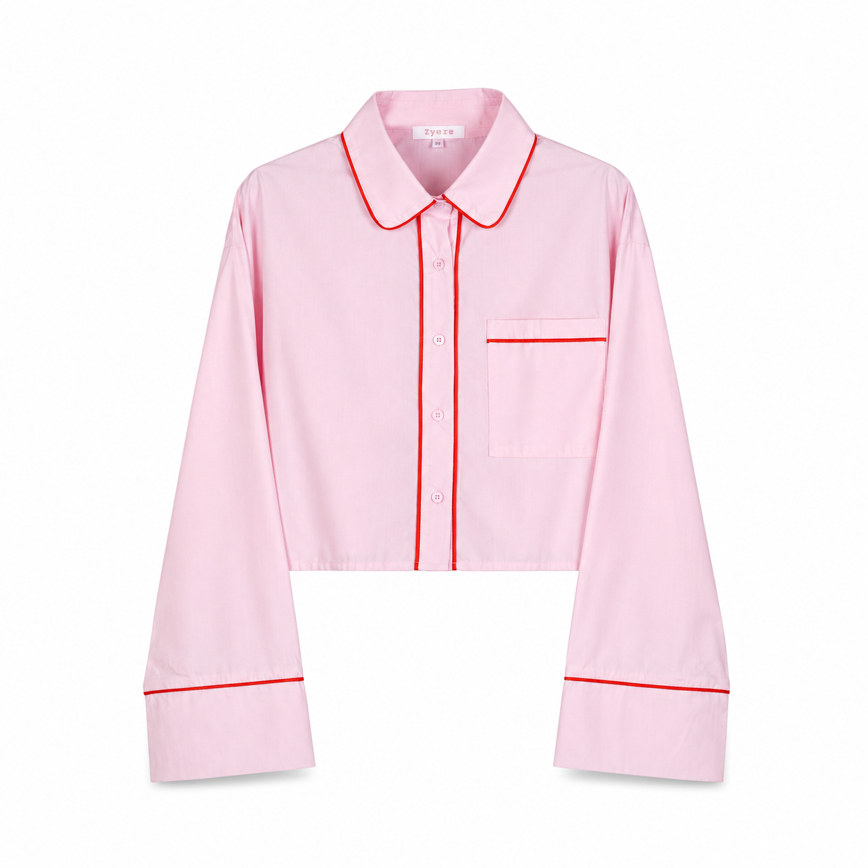 Pink Cropped Shirt with Red Piping on a clean white studio background.
