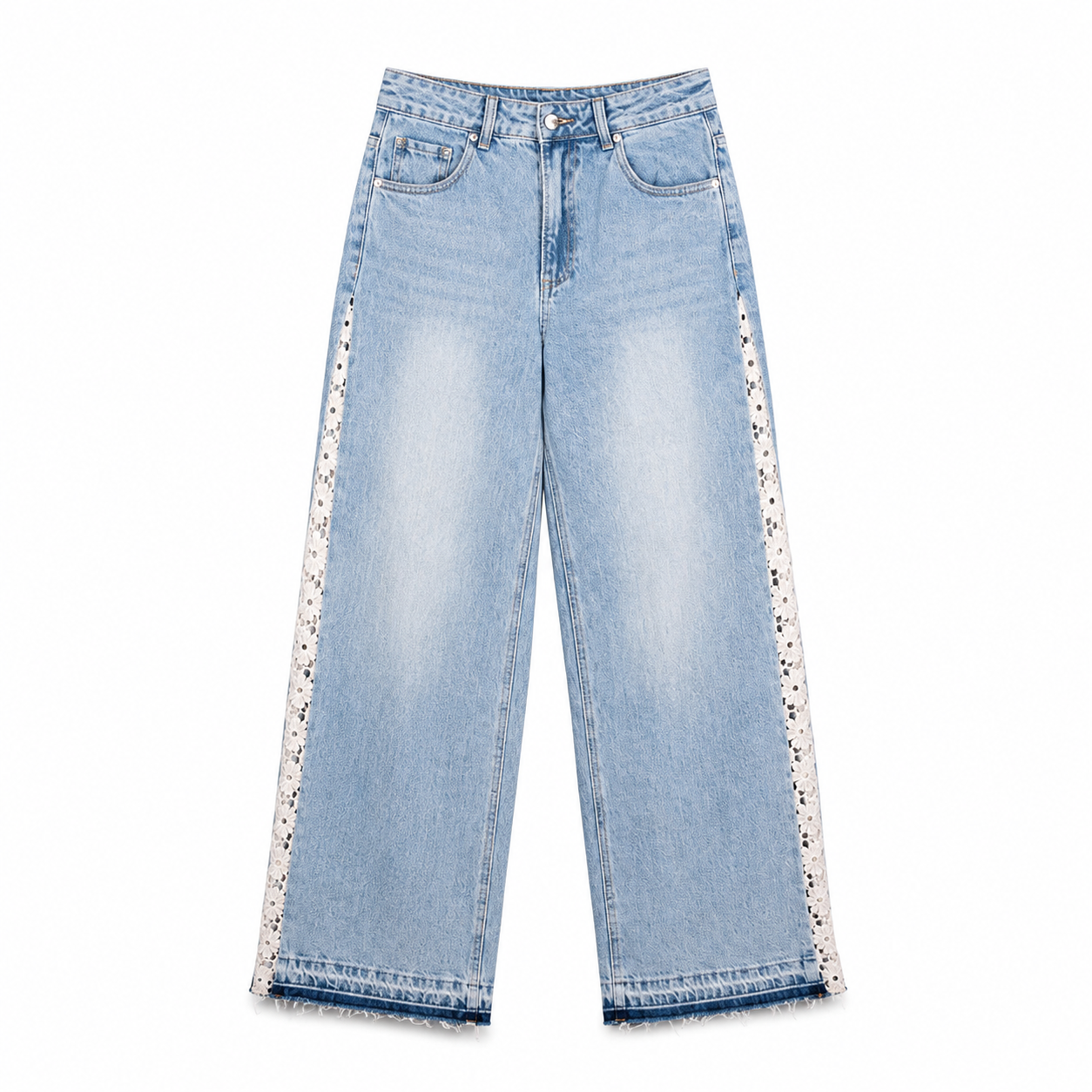 Light Blue Lace Trim Wide Leg Jeans on a clean white studio background.