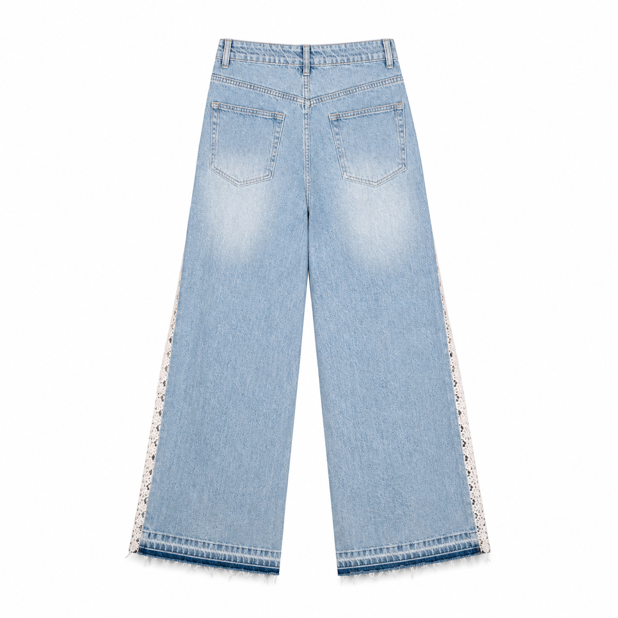 Light Blue Lace Trim Wide Leg Jeans on a clean white studio background.
