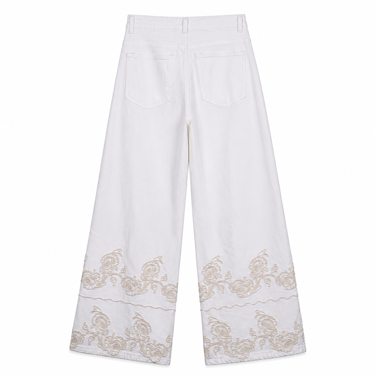 White Embroidered Wide Leg Jeans on a clean white studio background.