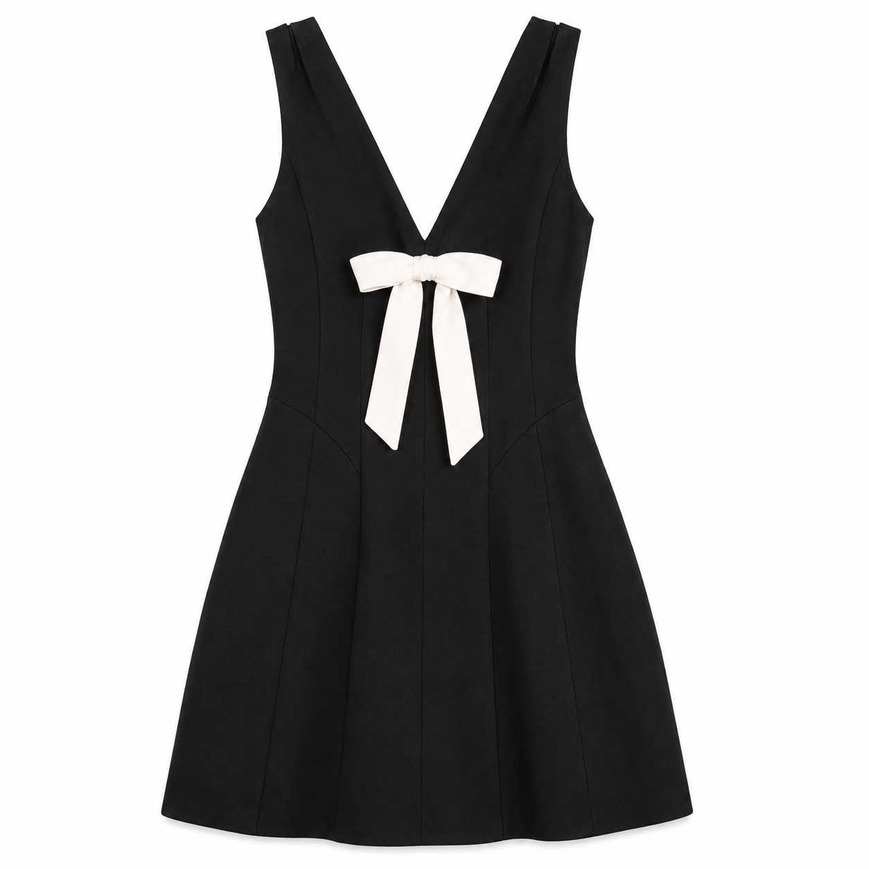 Black V-Neck Mini Dress with White Bow on a clean white studio background.
