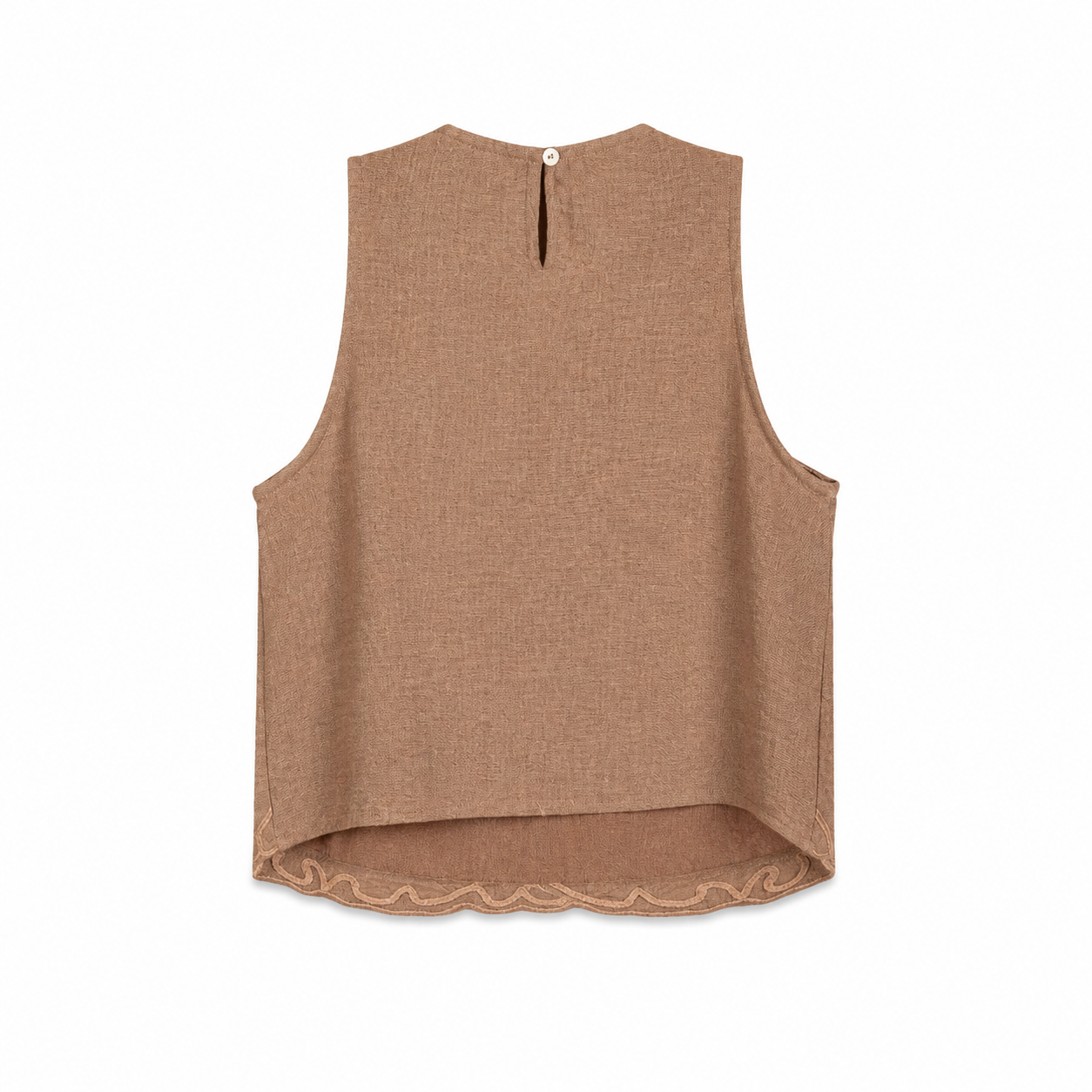 Tan Embroidered Sleeveless Top on a clean white studio background.