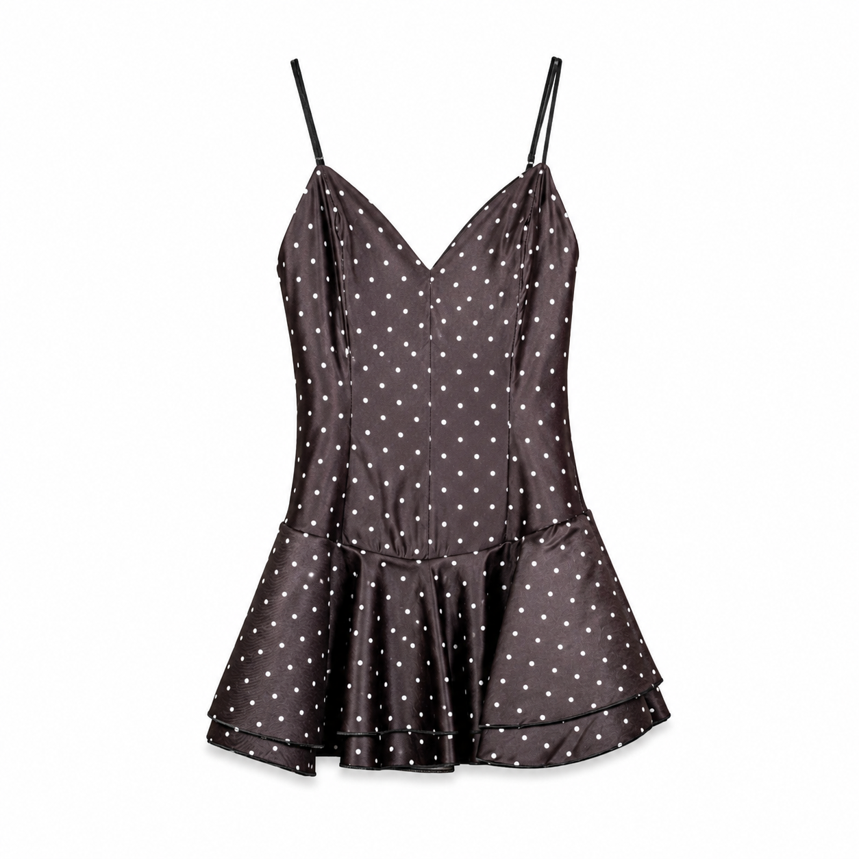 Black Polka Dot Ruffle Mini Dress on a clean white studio background.