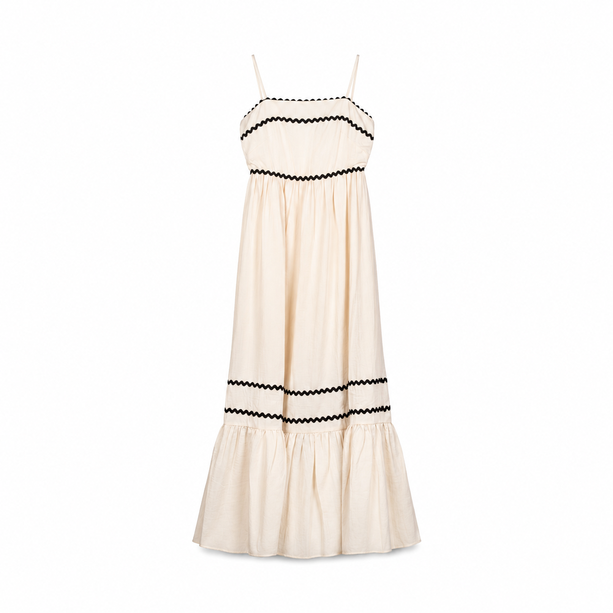 Ivory Ric Rac Tiered Midi Dress on a clean white studio background.