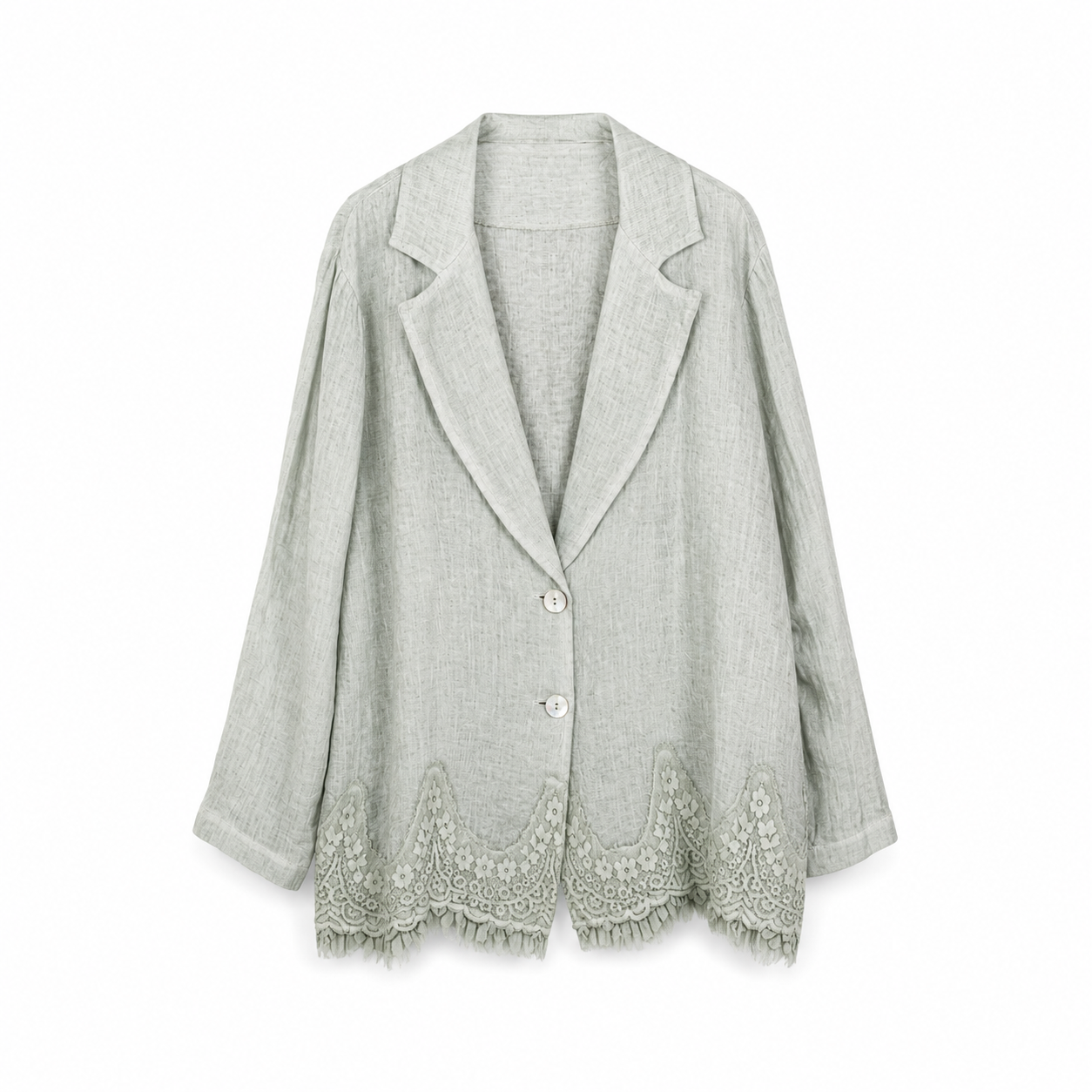 Sage Lace Hem Linen Blazer on a clean white studio background.