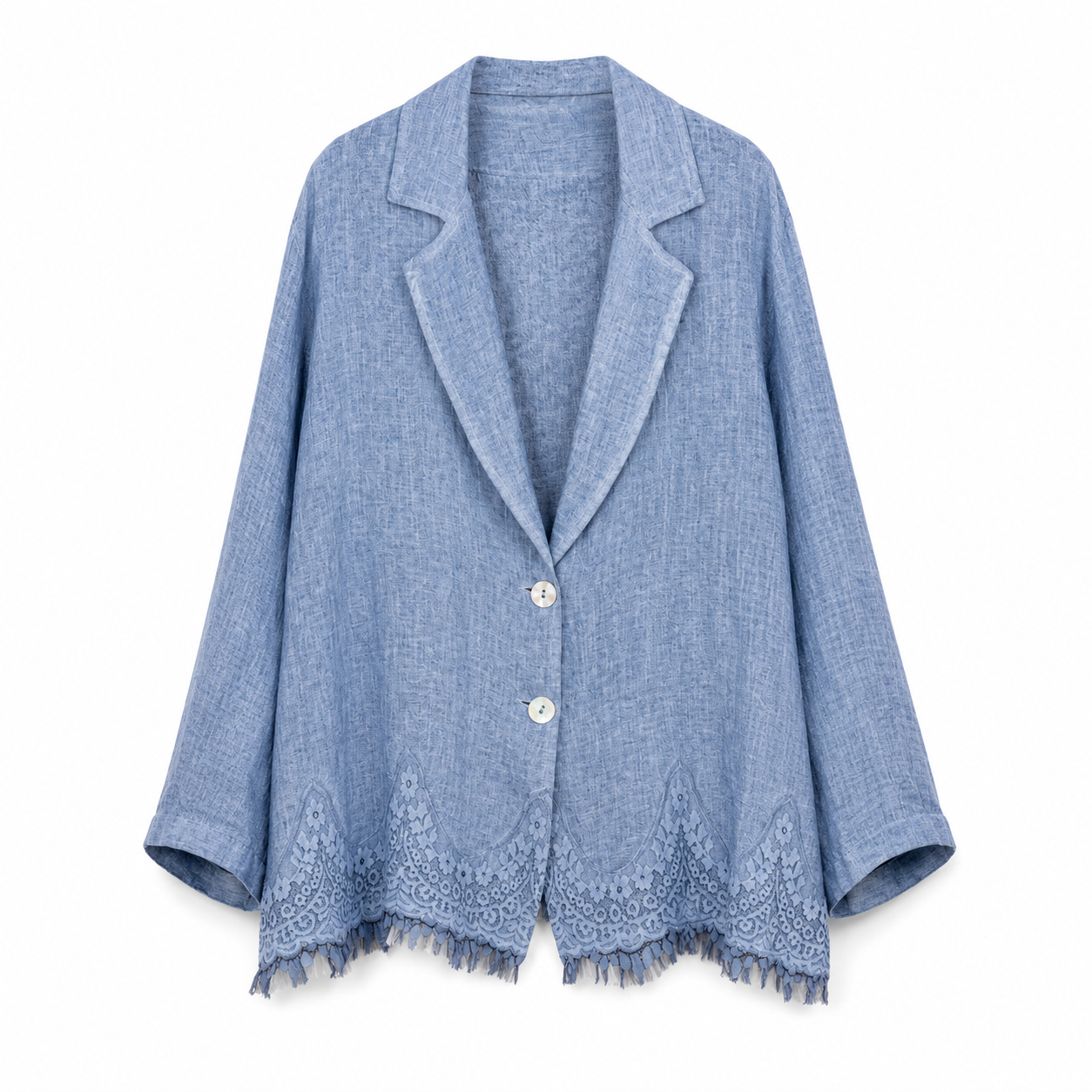 Blue Lace Hem Linen Blazer on a clean white studio background.