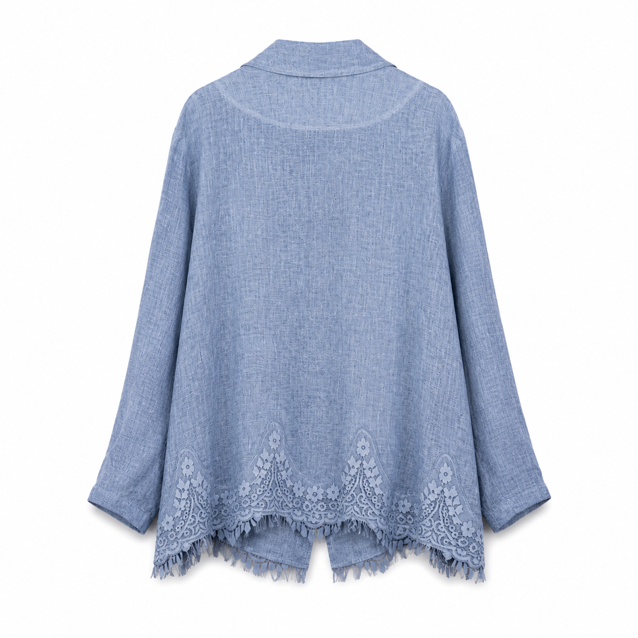 Blue Lace Hem Linen Blazer on a clean white studio background.