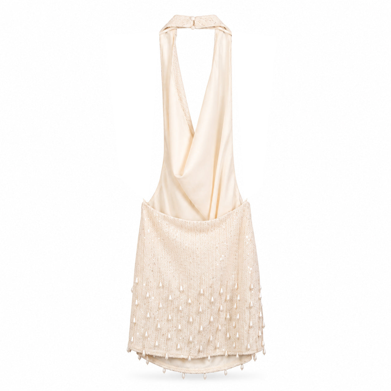 Champagne Beaded Halter Mini Dress on a clean white studio background.