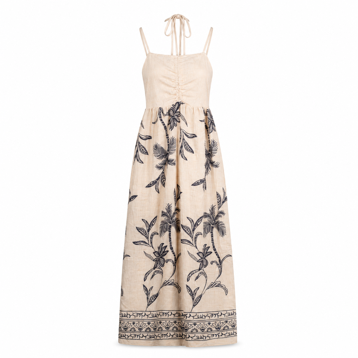 Beige Palm Print Maxi Dress on a clean white studio background.