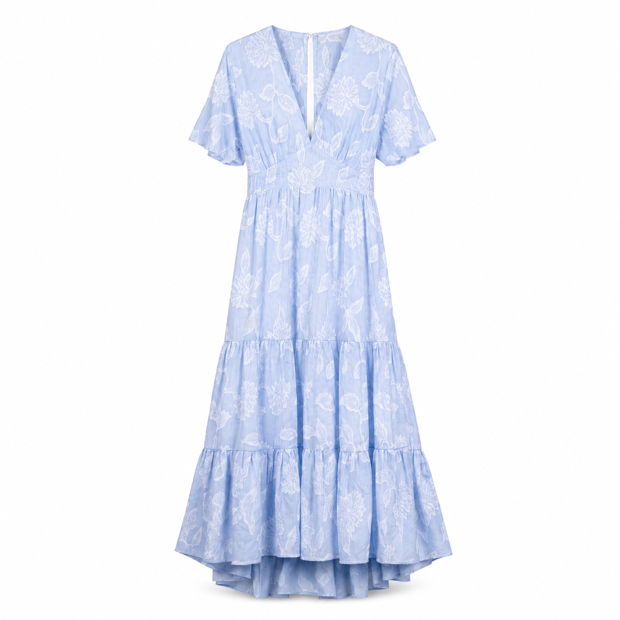 Blue Floral Tiered Midi Dress on a clean white studio background.