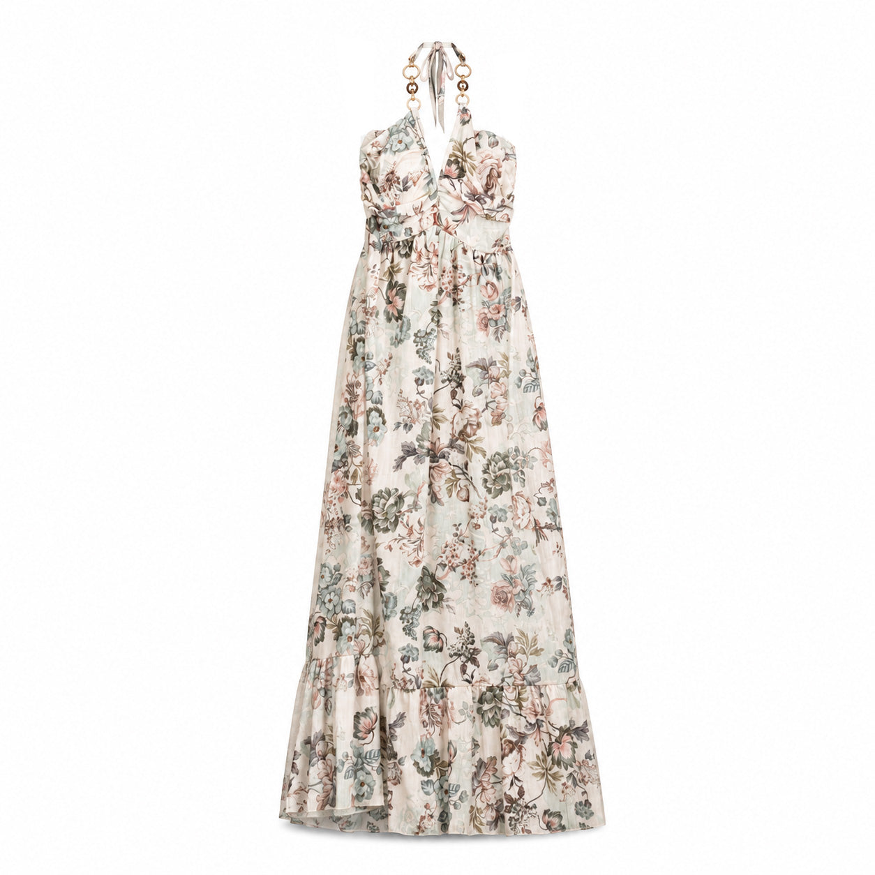 Sage Floral Halter Maxi Dress on a clean white studio background.