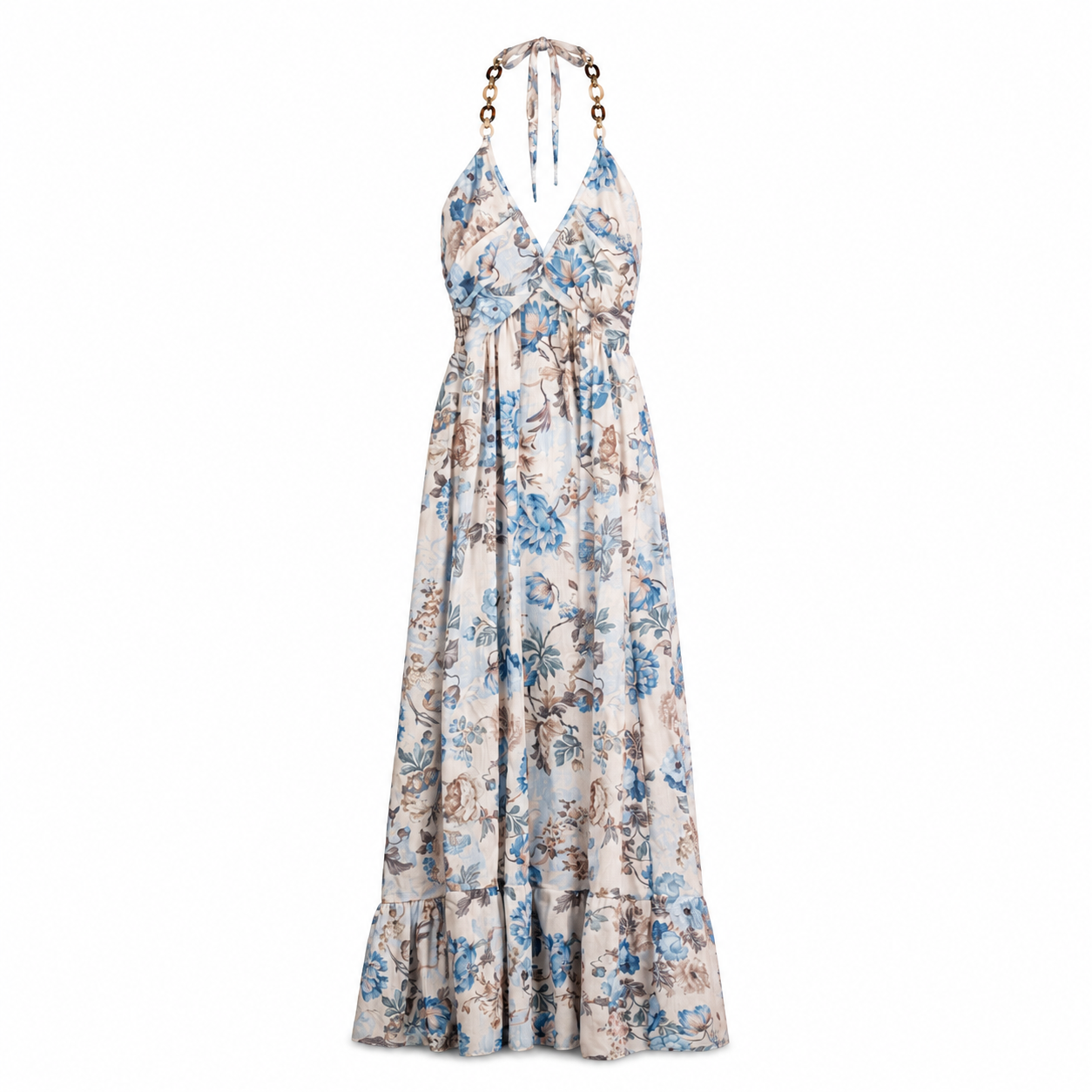 Blue Floral Halter Maxi Dress on a clean white studio background.