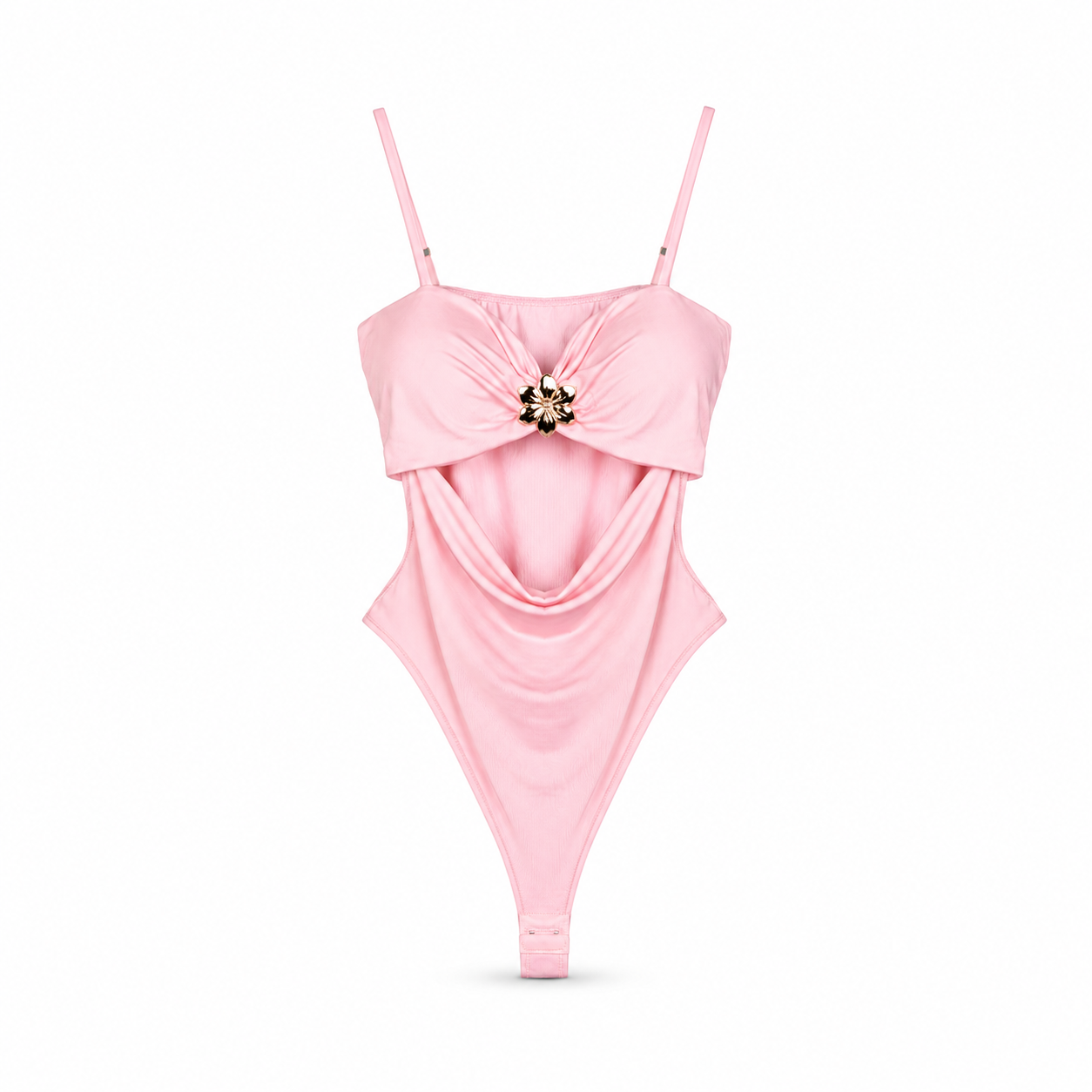 Pink Draped Embellished Bodysuit on a clean white studio background.