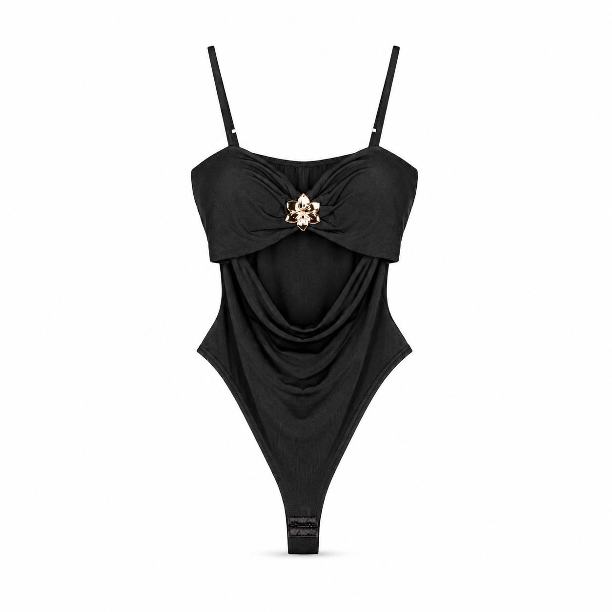 Black Draped Embellished Bodysuit on a clean white studio background.