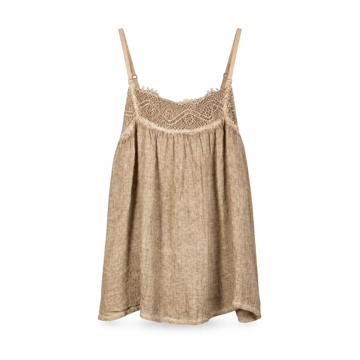 Taupe Lace Trim Camisole Top on a clean white studio background.