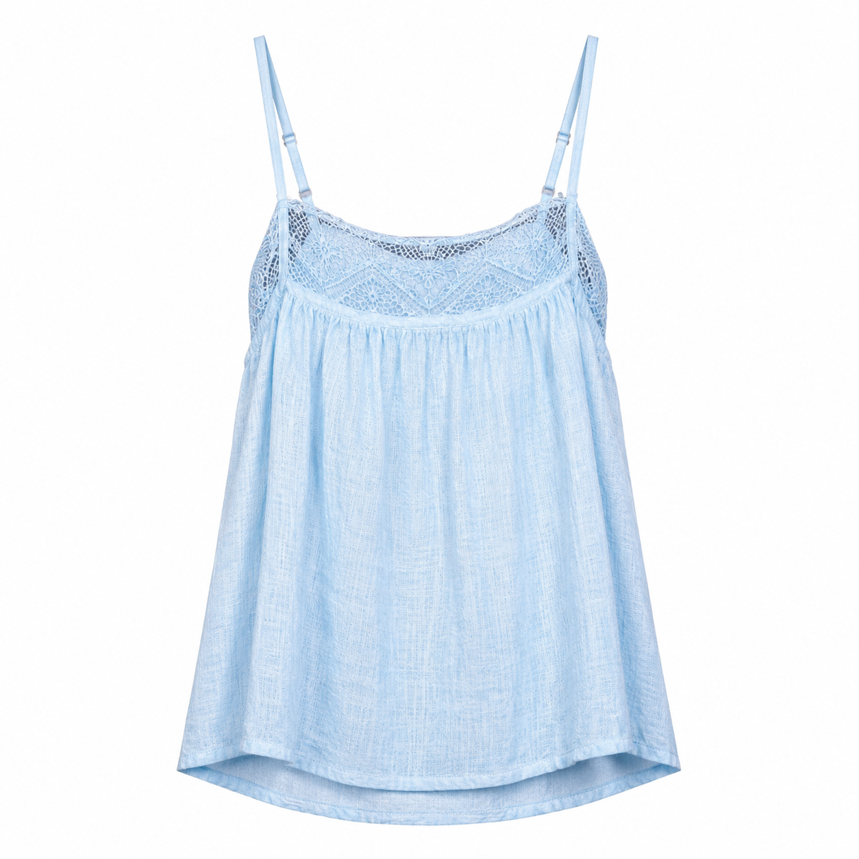 Blue Lace Trim Camisole Top on a clean white studio background.