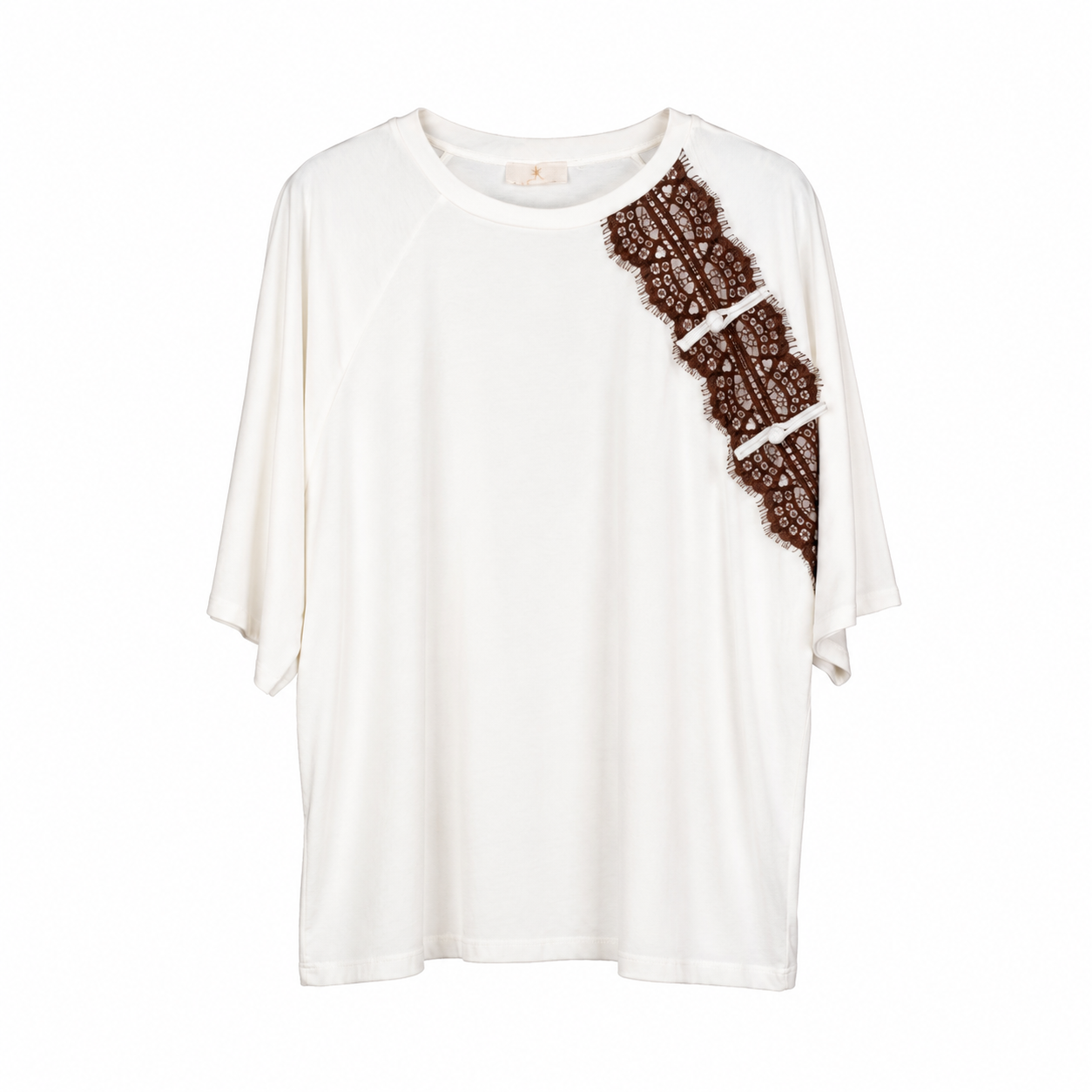 White Brown Lace Panel Oversized T-Shirt on a clean white studio background.