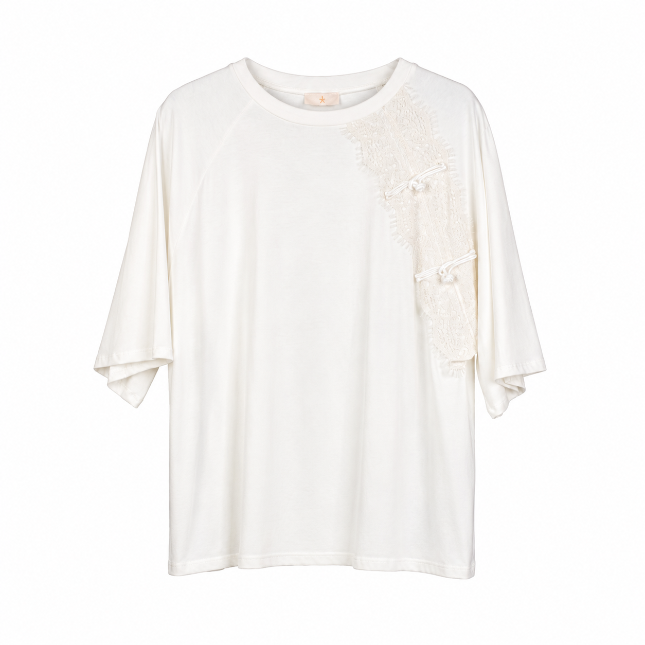 White Lace Applique Oversized T-Shirt on a clean white studio background.