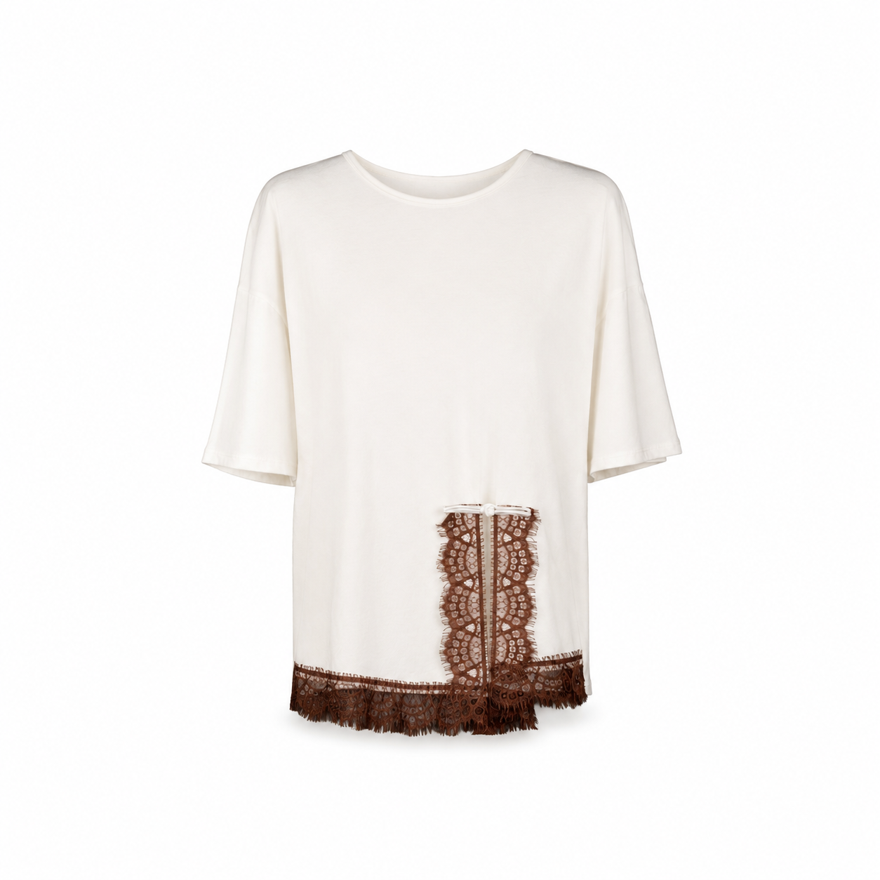 White Brown Lace Hem T-Shirt on a clean white studio background.
