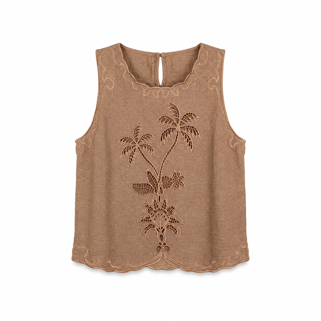 Tan Embroidered Sleeveless Top on a clean white studio background.