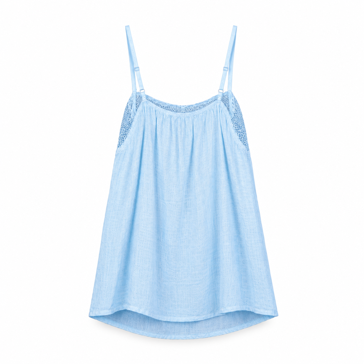 Blue Lace Trim Camisole Top on a clean white studio background.