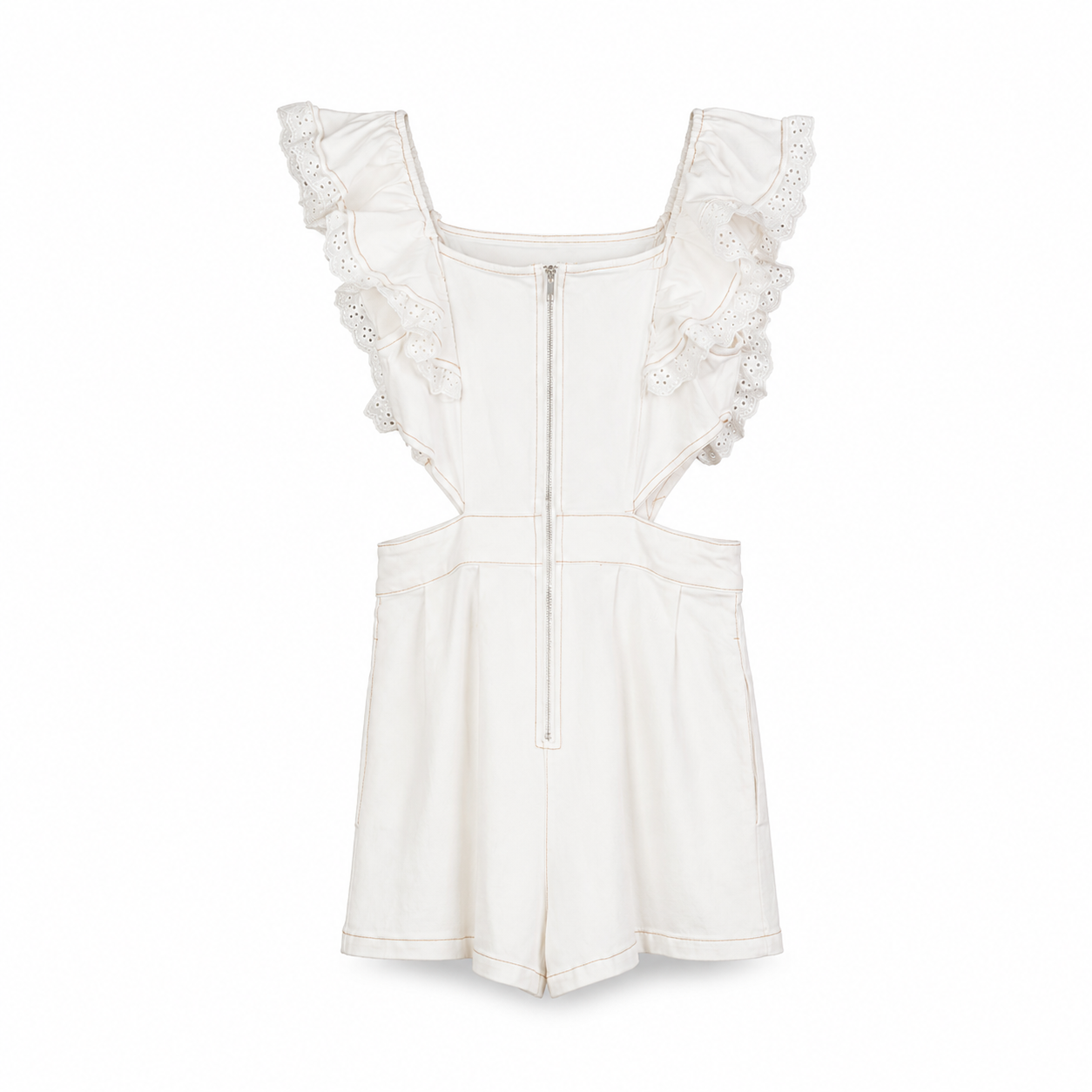 White Ruffle Strap Romper on a clean white studio background.