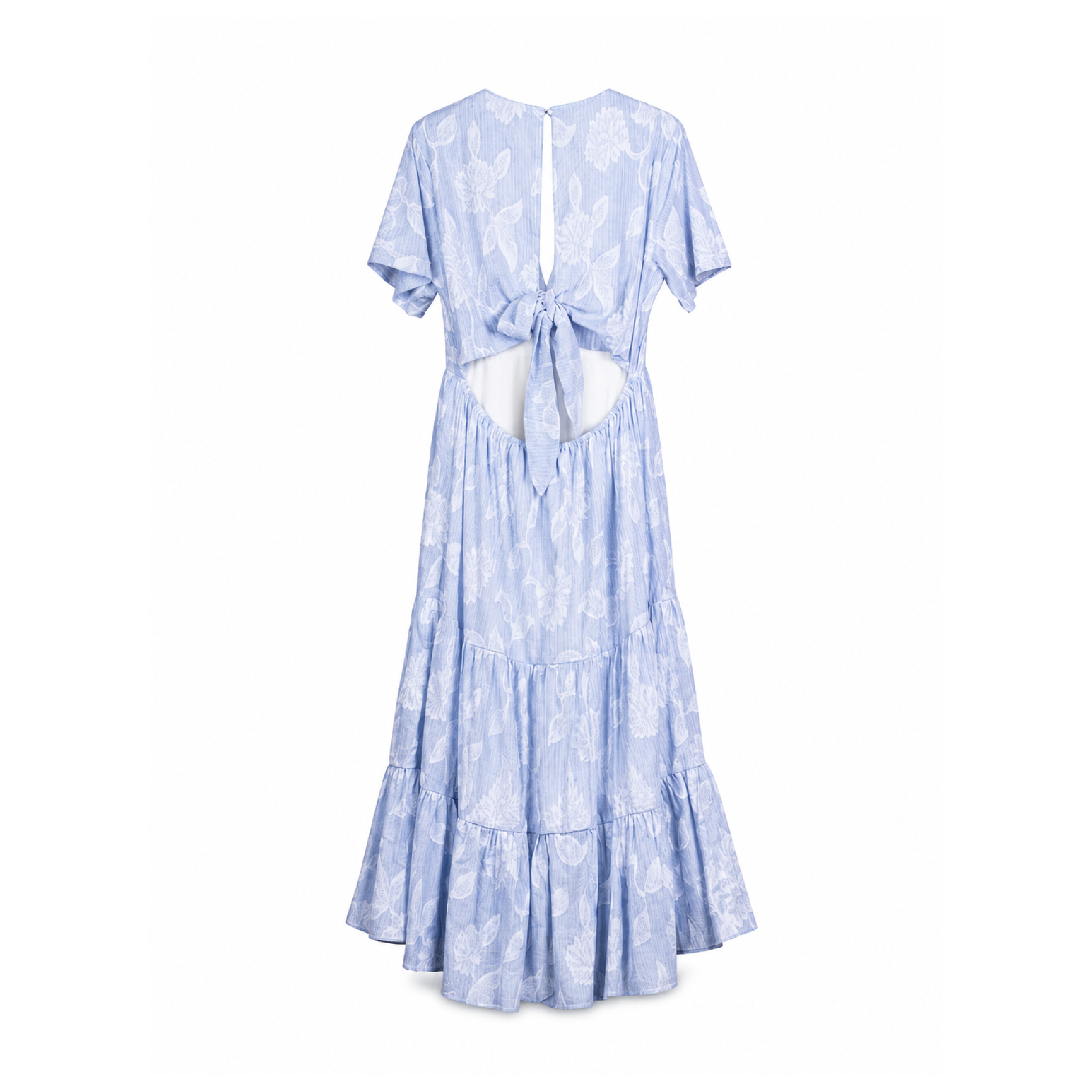 Blue Floral Tiered Midi Dress on a clean white studio background.