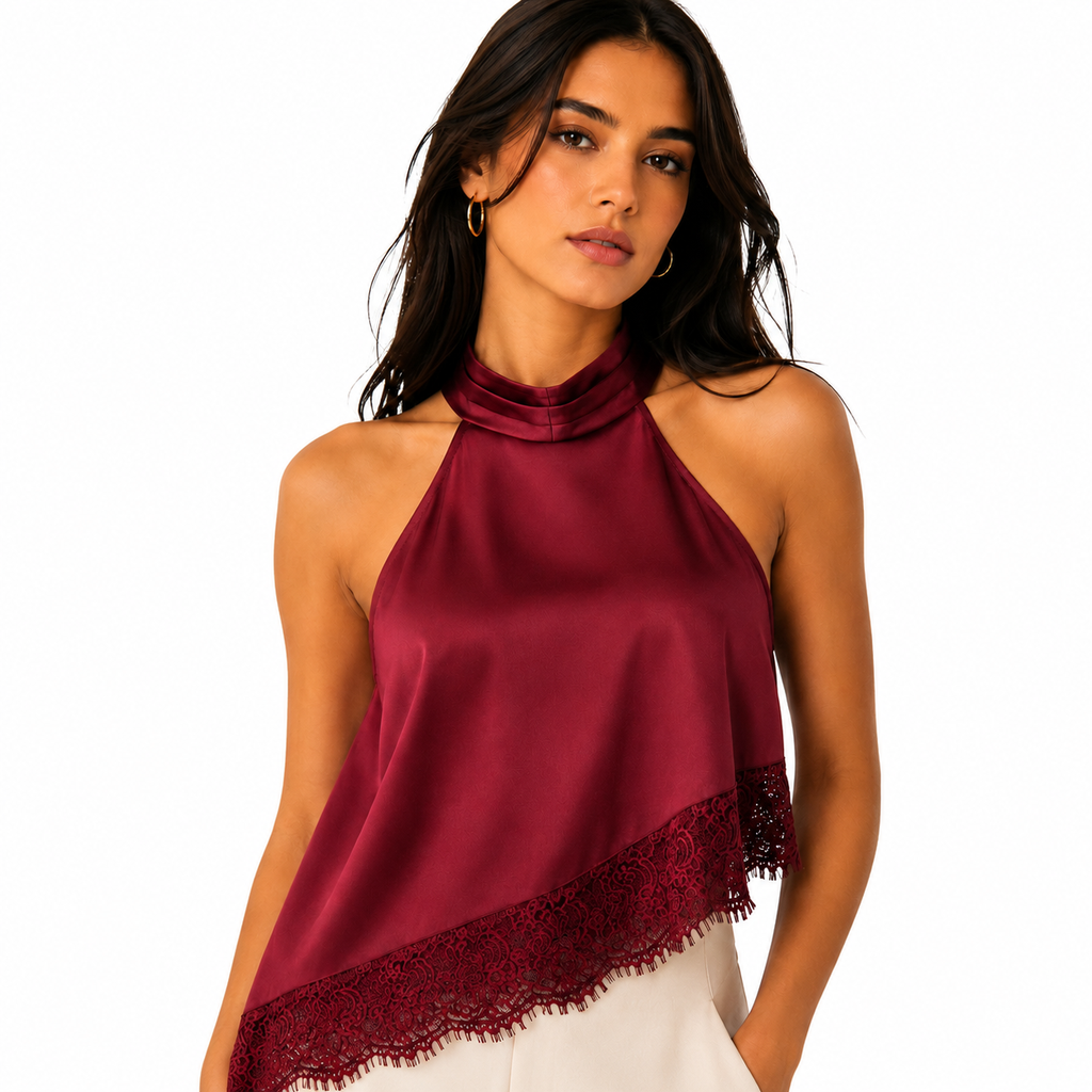 Asymmetric High Neck Halter Lace Top