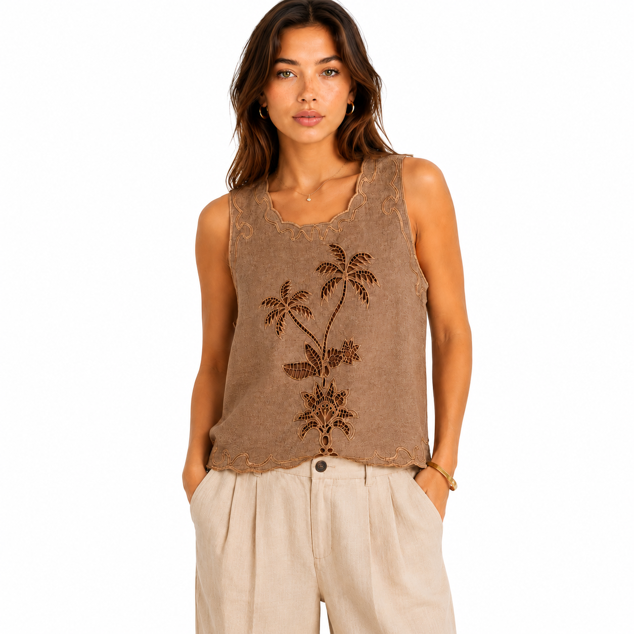 Tan Embroidered Sleeveless Top