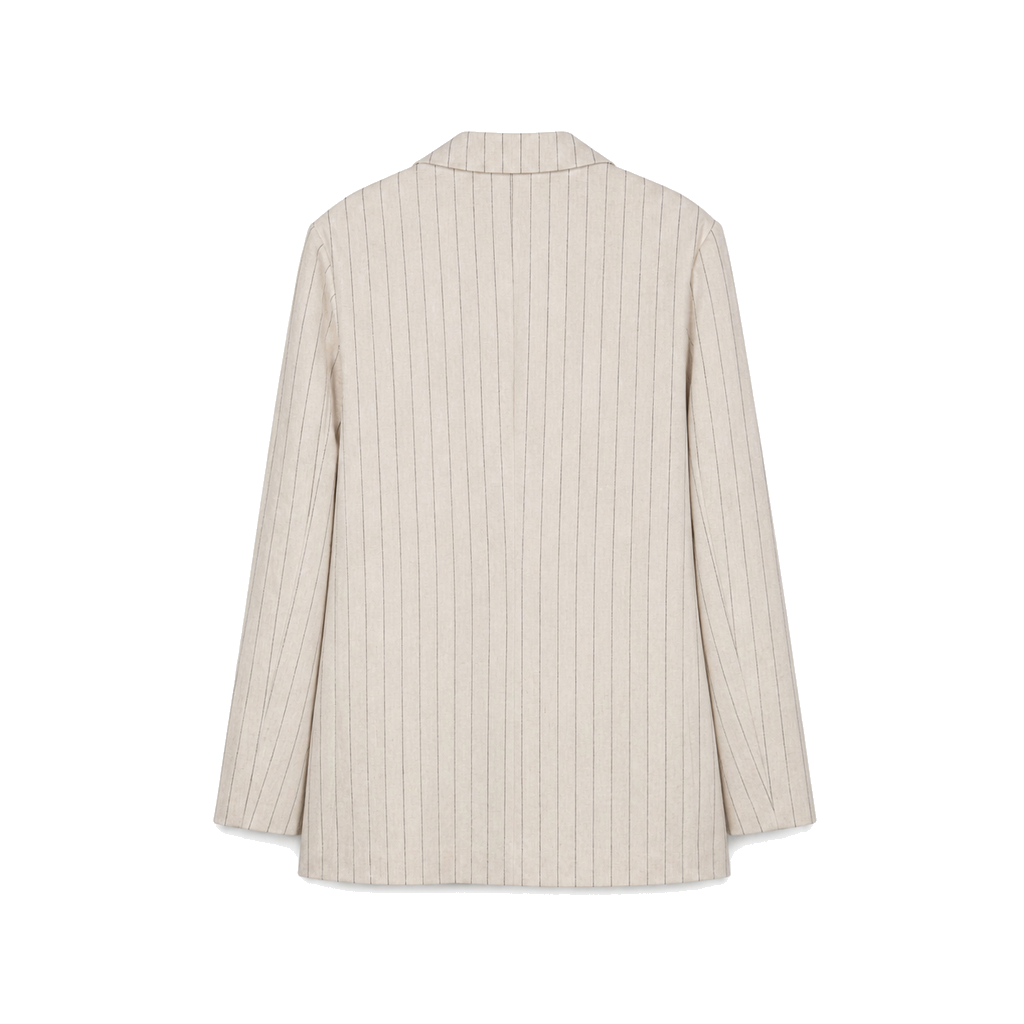 Beige Pinstripe Double Breasted Blazer on a clean white studio background.