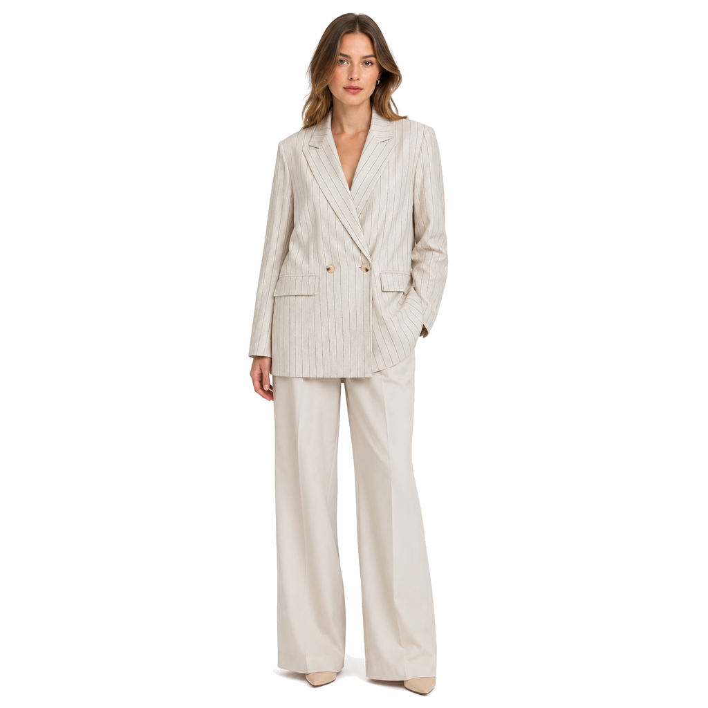 Beige Pinstripe Double Breasted Blazer